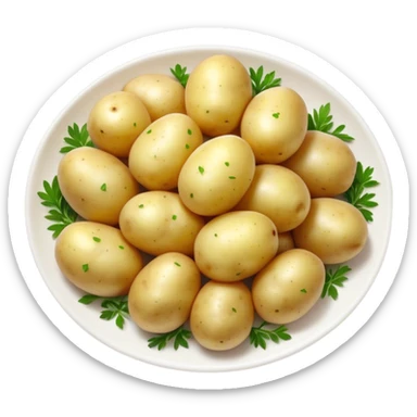 Cinematic realistic emoji depicting a dish of boiled potatoes with fresh herbs, made with realistic details and bright natural lighting sticker
