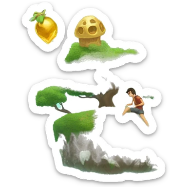 Treasure on a floating island, with a man trying to reach it sticker