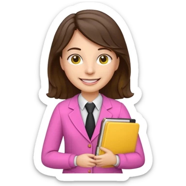 Teacher emoji but : wavy black volume brown hair, light western skin, no glasses, dark eyes, with a computer folder in the hand (color is yellow), being a teacher, wearing pink backpack but wear a teacher formal outfit, smile with teeth







 sticker