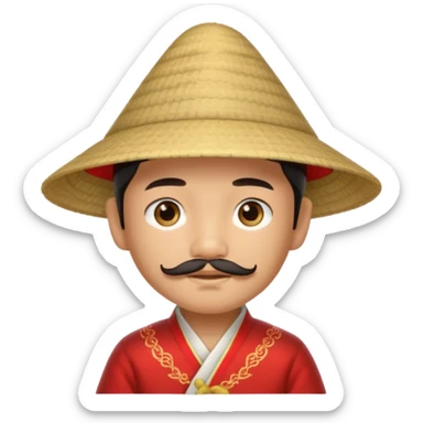 An Asian boy, with little mustache and little beard and a traditional triangle Chinese hat sticker