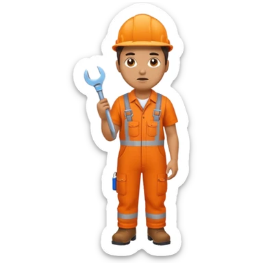 railway engineer, looking tired in orange overalls, boots, holding a spanner emoji sticker