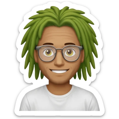 man with brown dreads white tee golden eyes light green skin glasses and white smile sticker