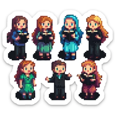 acappella group of four people singing, pixel art style sticker