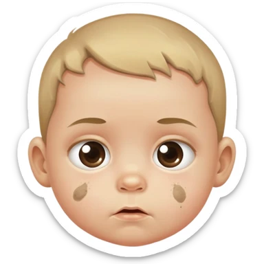 baby with suspicious expression and dirt smudges on cheeks sticker
