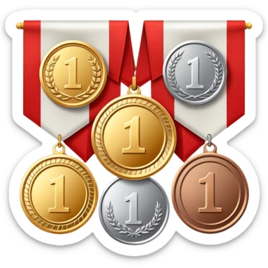 Icon for Collecting Orders, Medals & Badges: a variety of medals, orders and badges displayed on a large red pennant with fringed edges. The icon should convey the prestige and historical value of these collectibles. Transparent background. sticker