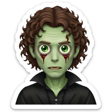 long curly haired male zombie with brown hair color and green eye color, with dark vampire clothes sticker