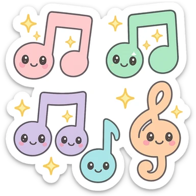 Add sparkling effects to the colorful music notes, keep the kawaii style, cute faces, pastel colors. sticker