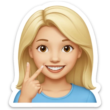 Emoji de una chica con el dedo sobre una esquina de los dientes sonriendo de forma coqueta   sticker