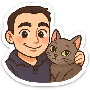 Transform this photo into an expressive cartoon emoji with a transparent background. Emphasize the cat and the warm, knowing expression shared between the human and the cat, capturing their close bond and complicity in a charming, stylized cartoon style. sticker
