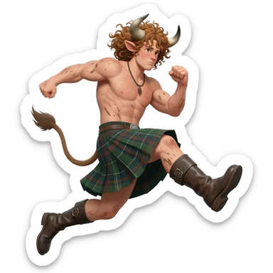 big buff curly hairy man covered in dirt with freckles with messy light brown bangs that covers his face completely with bull horns and bull ears and bull tail dressed in kilt jumped up kicking with his strong leg in boots with wind in his hair front view sticker