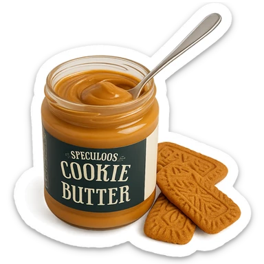speculoos cookie butter in a jar, creamy texture, with a spoon, next to speculoos cookies, white background sticker
