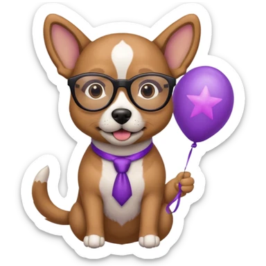 dog holding purple star balloon in hand with black glasses close view  sticker