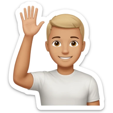 joven bronceado corte de soldado oscuro muy cortito polera blanca sonrisa bonita saludando mano arriba sticker