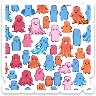 The four classic Pacman ghosts (red, pink, blue, and orange) in 8-bit pixel art style sticker