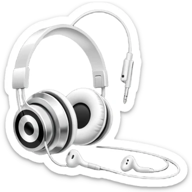 Futuristic iPod emoji with earphones, metallic black and white, smooth reflective surfaces, flat minimal vector design, clean UI style sticker