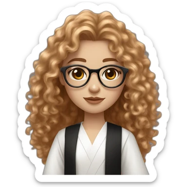 British white skin teenage girl very long curly flax hair amber eyes rose gold round glasses white shirt black robe sticker