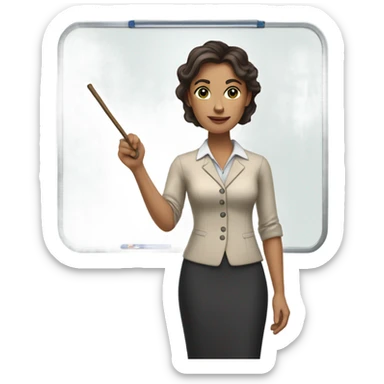 apple style emoji: brunette white woman as a teacher, with a stick in the hand and a whiteboard sticker