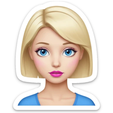 blond short-haired girl, blue eyes, wearing makeup, no baguette sticker