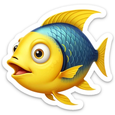 ultra derpy bright yellow fish in perfect side profile facing right, comically wide shocked eye, huge open mouth looking completely clueless, flat 2D side view only sticker