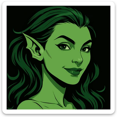 Edit the image to turn Marrina Smallwood's face more toward the camera with a slight smile, maintaining her aquatic features, green skin, and confident expression. The style should be suitable for a profile picture, preserving the original look and feel. sticker