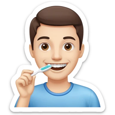 person brushing their teeth, smiling, holding a toothbrush, simple and expressive sticker