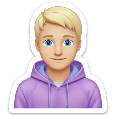smiling blonde man with blue eyes in a lilac hoodie sticker