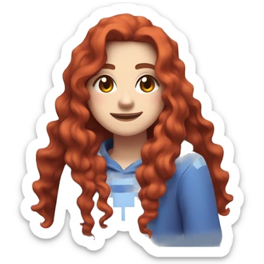a white girl with long red curly hair and freckles, wearing periwinkle Minecraft hoodie playing a videogame smiling sticker