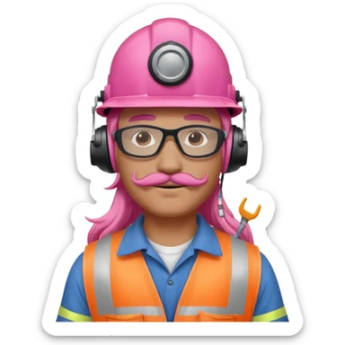 construction worker with long pink hair and ppe headphones and mustache sticker