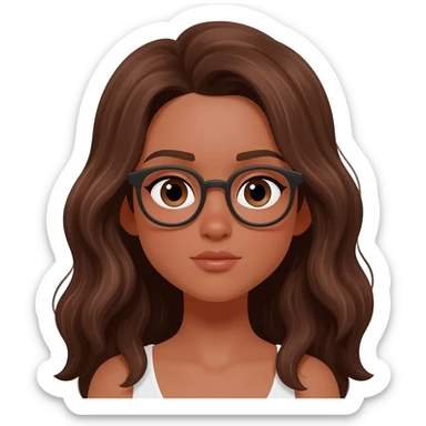 Faça uma menina de olhos grandes lábios um pouco fino, cabelos longos levemente ondulados castanhos com olhos castanhos pele morena e com óculos sticker