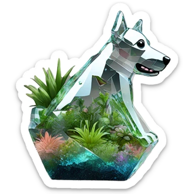 A dog made of glass mirror crystals prisms glass transparent filled with plants as a terrarium with graffiti doodles sticker
