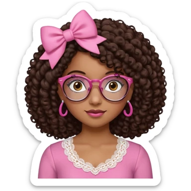 medium kinned afro-latina girl with medium length chocolate brown side part curly hair, small pink bow on the side, with brown glasses, brown eyes, noes piercing, pink and white sweekhart necklined top with lace, round wide-ish nose sticker