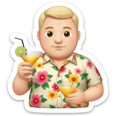 chubby guy full figure in a flowered shirt holding a cocktail sticker