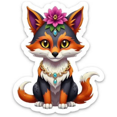 Multicolored dark edgy spooky hot badass realistic floral exotic Falvie-Fionbri-animal, full body, wearing jewelries sticker