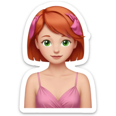 Face with short red hair, green eyes, tucking her hair behind her ear, blushing rosy cheeks and smiling looking down at her pink dress sticker