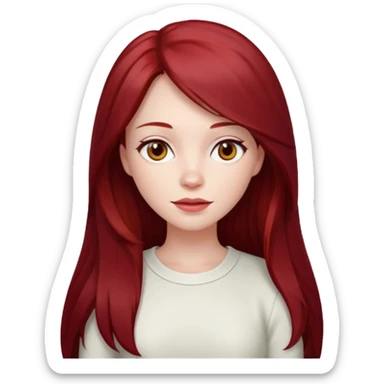 woman, pale skin, long straight dark red hair with layers, brown eyes, white top, apple emoji style sticker