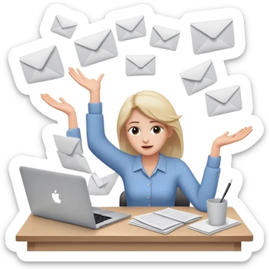 tired woman sitting at a desk with a MacBook, holding her arms out to the side, surrounded by flying papers sticker