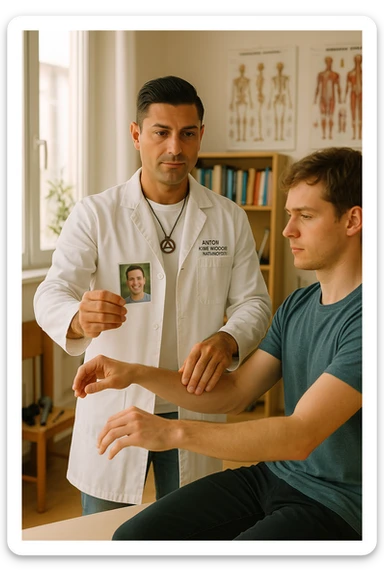 a middle-aged man, dressed in casual professional attire, is in a bright, organized therapy studio. Durante una visita di kinesiologia, il ragazzo tiene con una mano la foto di una persona lontana (il “testimone”) tiene la foto in mano, mentre con l’altra mano esegue un test muscolare su un cliente presente senza foto. Sullo sfondo si vedono libri di kinesiologia, poster anatomici e strumenti tipici della disciplina. L’atmosfera è concentrata e serena, con luce naturale che entra dalla finestra, sottolineando l’aspetto alternativo e umano della pratica. sticker