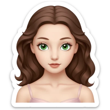 Cinema Realistic Ballerina Portrait, with porcelain-like skin featuring a natural rosy flush, illuminated by soft lighting that highlights the gentle contours of her face. Her Brunette hair flows in soft.Her deep green light eyes radiate framed by arched brows and long lashes. sticker