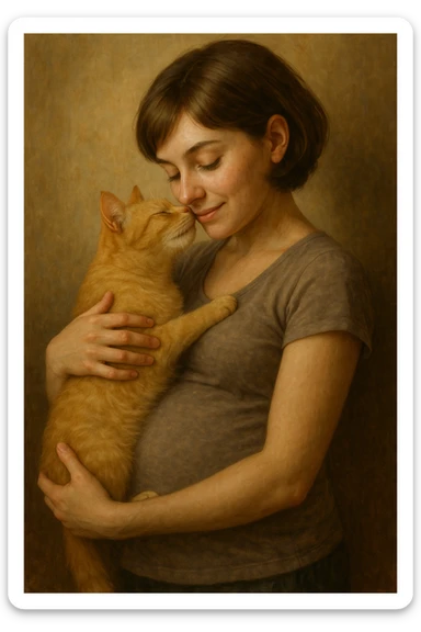 A pregnant girl with short brown hair and green eyes, holding a blonde cat in her arms. The girl is looking down at the cat lovingly, and the cat is nuzzling her. sticker