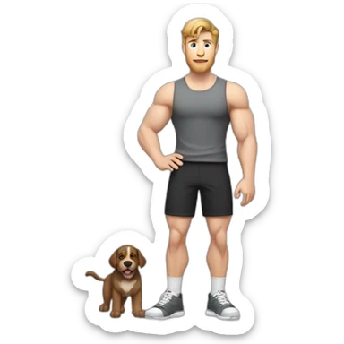 Full height Actively gesturing with hands Pale skinned Fit Man With the biceps and brown hair in dark gray Sleeveless Mike, black oversize sports shorts, watch and white Sneakers sticker