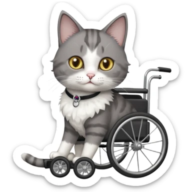 full body small short hair dark grey and white cat with hazel eyes walking in a wheelchair for cats sticker