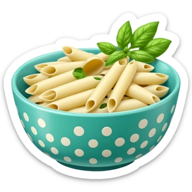 green pesto penne pasta in a light blue polka dot bowl sticker