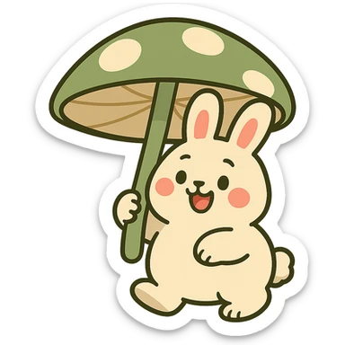 chubby bunny holding a mushroom umbrella, pastel beige and moss green, pastel toon style sticker