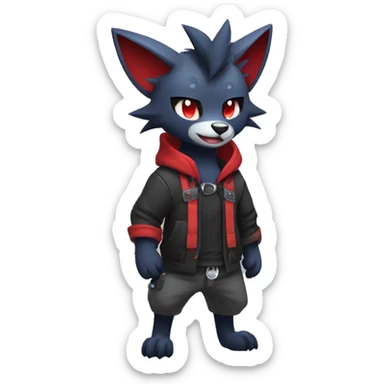 Cool Edgy Zorua-Zoroark-Mightyena with a collar and hoodie-sweater and harness on, full body sticker