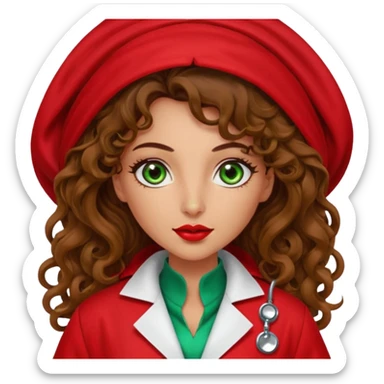 Spanish sexy evil woman. She has green eyes.  had brown long curly hair.  evil surgeon kills with needle wears red sexy doctor coat with red Juliet veil on her mouth and nose ONLY to hide and wearing red gloves. Hair is free and flowing long  sticker