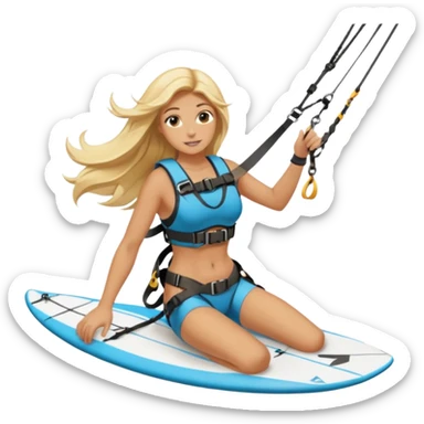 Blonde long haired ladie Kitesurfing with harness sticker