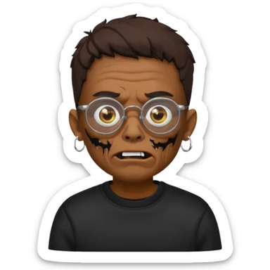 Chico moreno zombie, con gafas y sudadera negra, dos aretes en la oreja izquierda y dos en la derecha, ojeras en los ojos y sticker