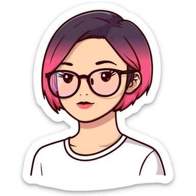woman with gradient hair from dark to pink with glasses, brown roots, brown eyebrow, flirting sticker