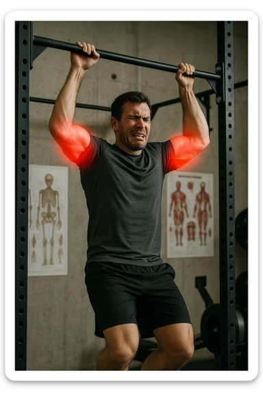 a man in athletic wear esegue una trazione alla sbarra in palestra. I suoi gomiti sono evidenziati con un alone rosso acceso o un effetto glow, indicando infiammazione. Un’espressione di dolore è visibile sul suo volto. Sullo sfondo, attrezzi da palestra e poster anatomici. L’atmosfera è educativa e realistica. sticker