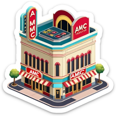 AMC movie theater exterior, isometric dollhouse-style, highly detailed  sticker